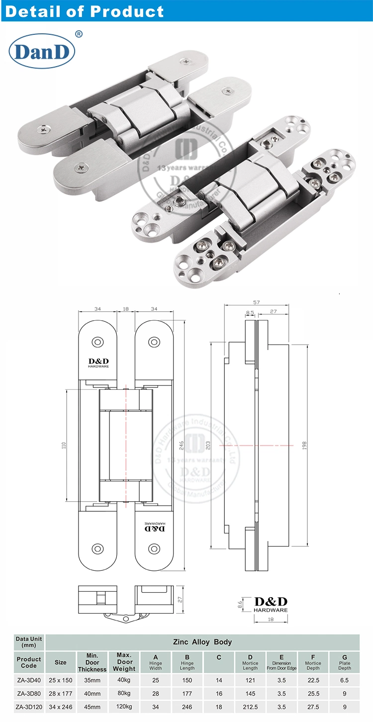 180 Degree Zinc Alloy 3D Adjusting Heavy Duty Gate Cabinet Butt Conceal Furniture Hardware Modern Secret Wood Commercial Concealed Invisible Hidden Door Hinge